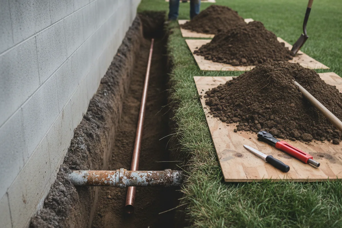 Excavated water line trench during Sewer Line Repair in Parish